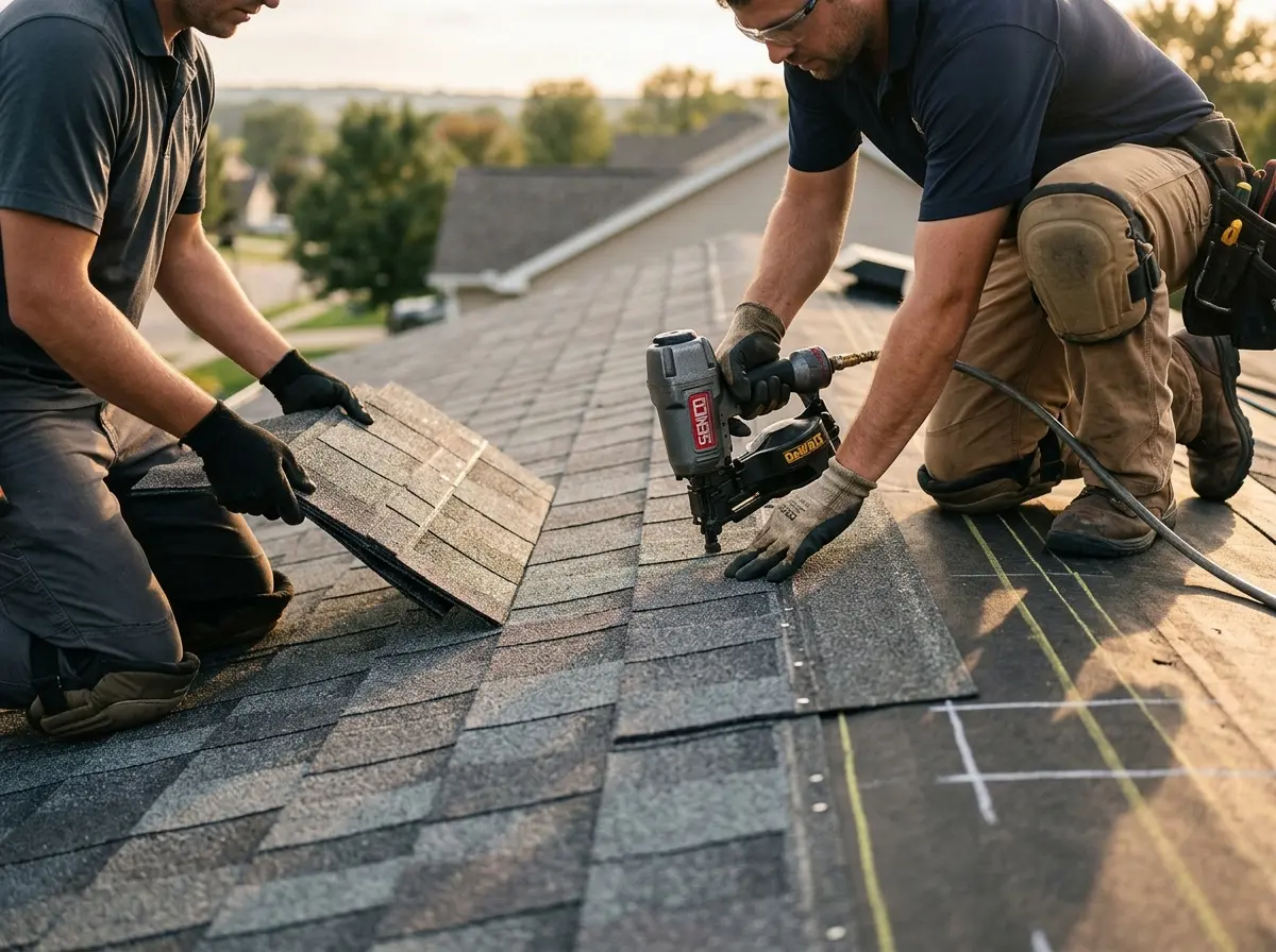 Professional roofer working on a residential roof in Pine Hills
